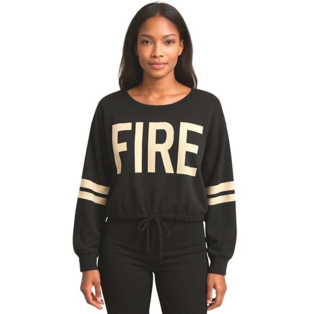 Gabrielle Union New York Co Black‎ FIRE Graphic Crop Top Sweater M Chic 84-39